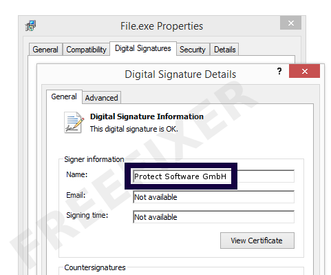 Screenshot of the Protect Software GmbH certificate
